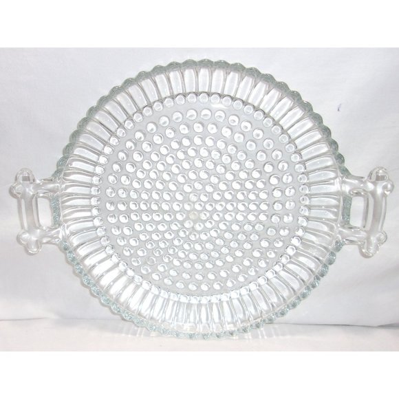 VTG Jeannette Clear Glass Small Round Hobnail Cheese/Snack Tray w/ Handles 9" - Picture 2 of 10
